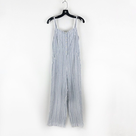 Old Navy Linen Cropped Jumpsuit Smocked Back Blue Stripe Boho Lagenlook - Picture 2 of 16
